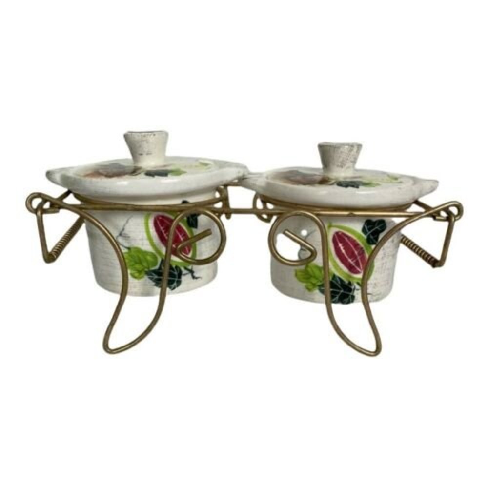 Ucagco China Sugar Bowl Double Set with Stand White Floral Fruit Design Japan